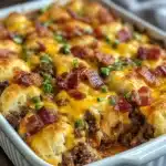 Close-up of Easy Loaded Bacon Cheeseburger Bite Casserole showing ground beef mixture, melted cheese, and biscuit pieces