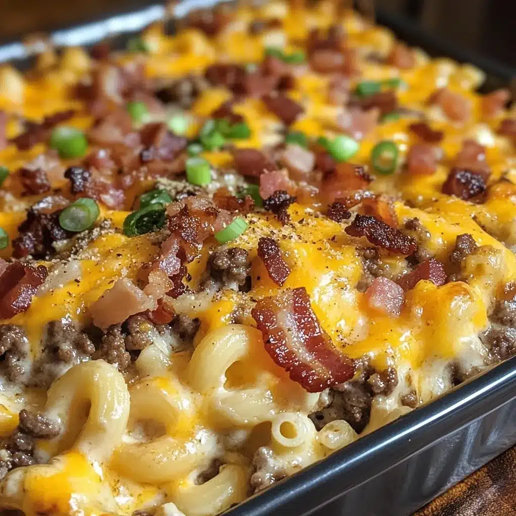 Easy Loaded Bacon Cheeseburger Dinner Casserole garnished with fresh green onions and black pepper in glass baking dish