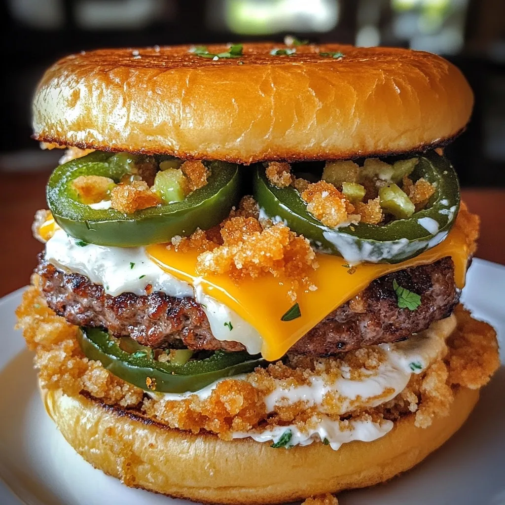 Close-up view of double-decker jalapeño popper smash burger showing detailed layers of beef patties, cheddar cheese, jalapeño rings, ranch dressing, and breadcrumb coating