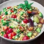 A macro close-up of a Mediterranean couscous bowl showing individual pearls of couscous, chickpeas, halved cherry tomatoes, diced cucumber, kalamata olives, crumbled feta, and slivers of fresh basil.