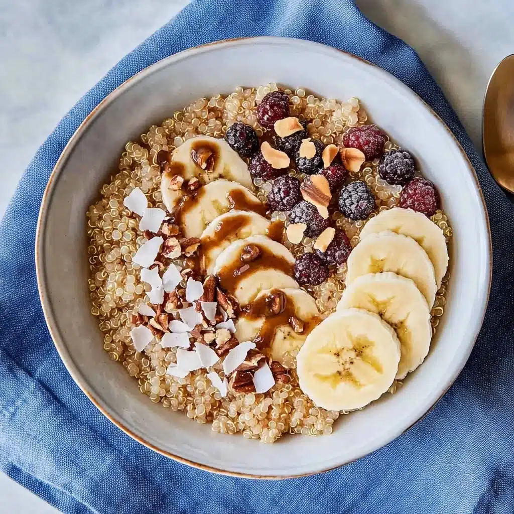 Quinoa breakfast bowl with frozen berries, sliced banana, maple syrup drizzle, coconut flakes, and nuts arranged in a ceramic bowl on blue textile