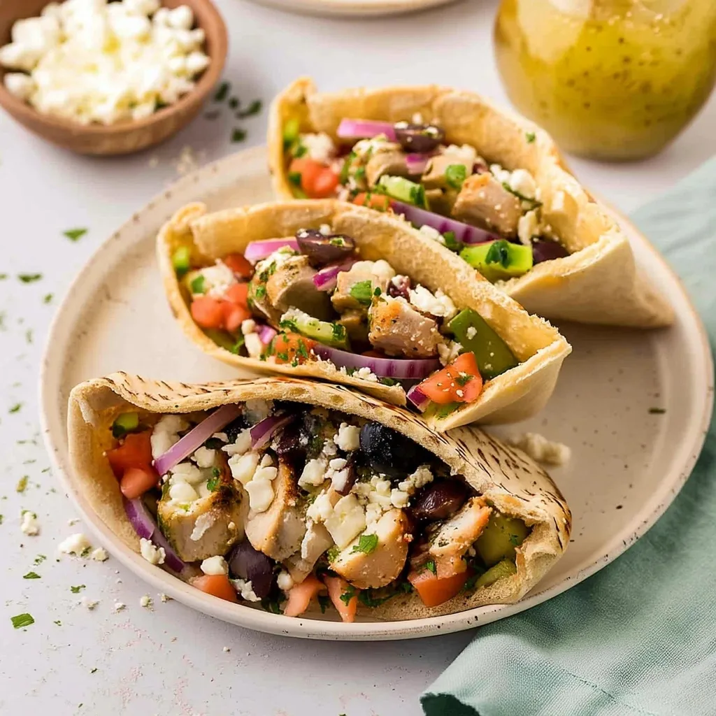 Mediterranean pita pockets filled with chicken, feta cheese, olives, tomatoes, and fresh herbs on white plate