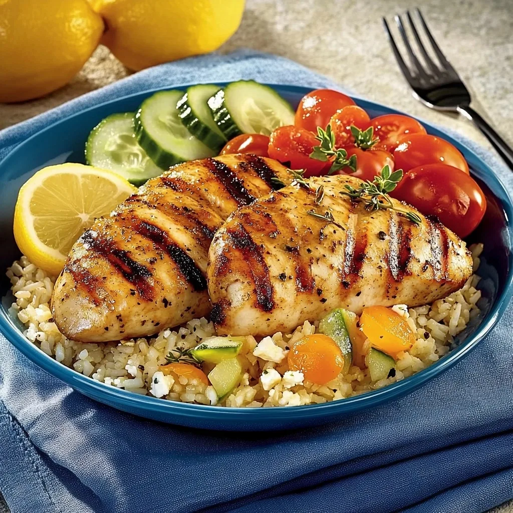 Close-up of grilled lemon-herb chicken breast with grill marks on a bed of rice with cherry tomatoes, cucumber slices and lemon garnish.