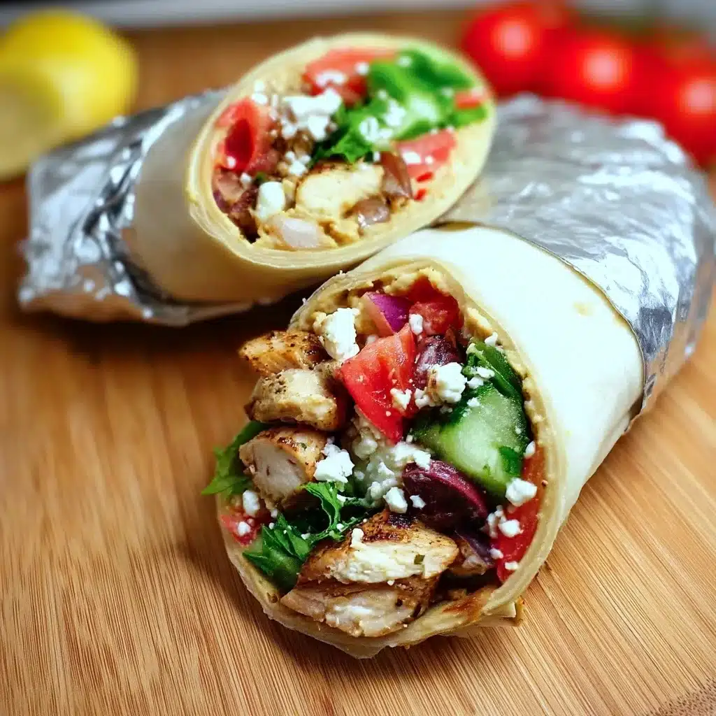 Close-up view of Chicken Mediterranean wrap halves wrapped in foil showing detailed filling with chicken, vegetables, feta cheese and olives