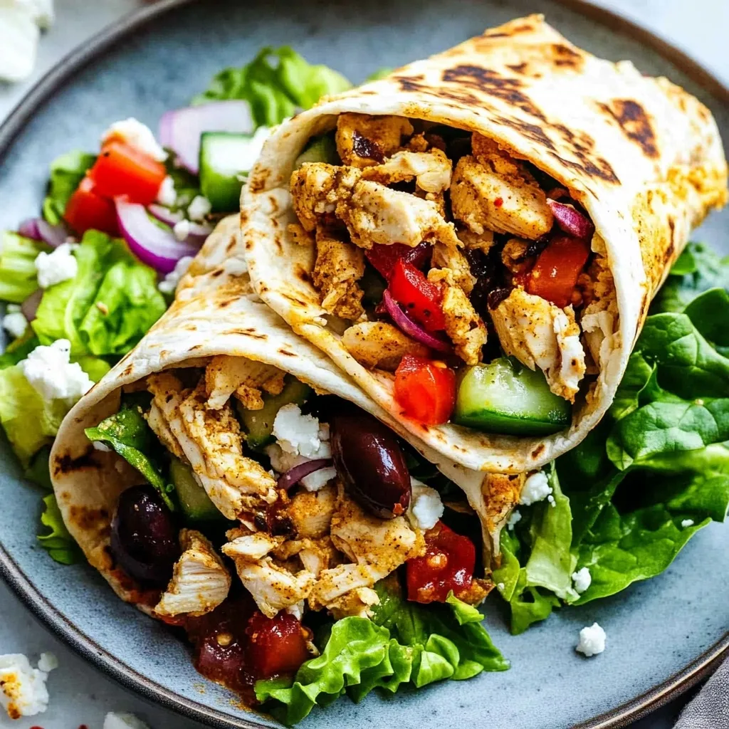 Mediterranean wrap cut in half showing chicken, feta cheese, olives, tomatoes and vegetables served on blue plate with fresh salad