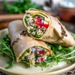 Mediterranean quinoa wraps served on ceramic plate with arugula garnish showing quinoa, vegetables, and feta cheese filling