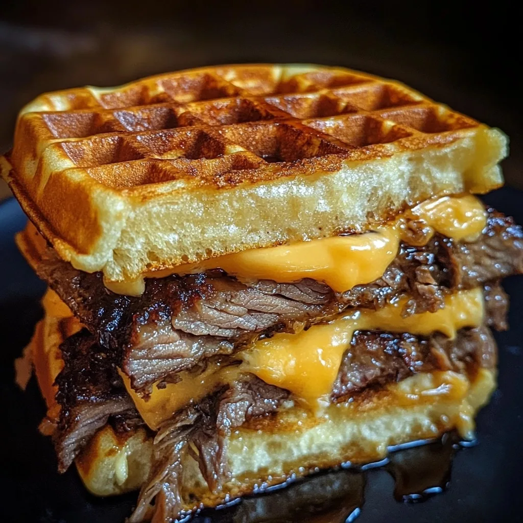 Close-up of Bourbon-Maple Brisket Grilled Cheese Wafflewich showing melted cheese stretching from golden crispy waffle with tender brisket filling