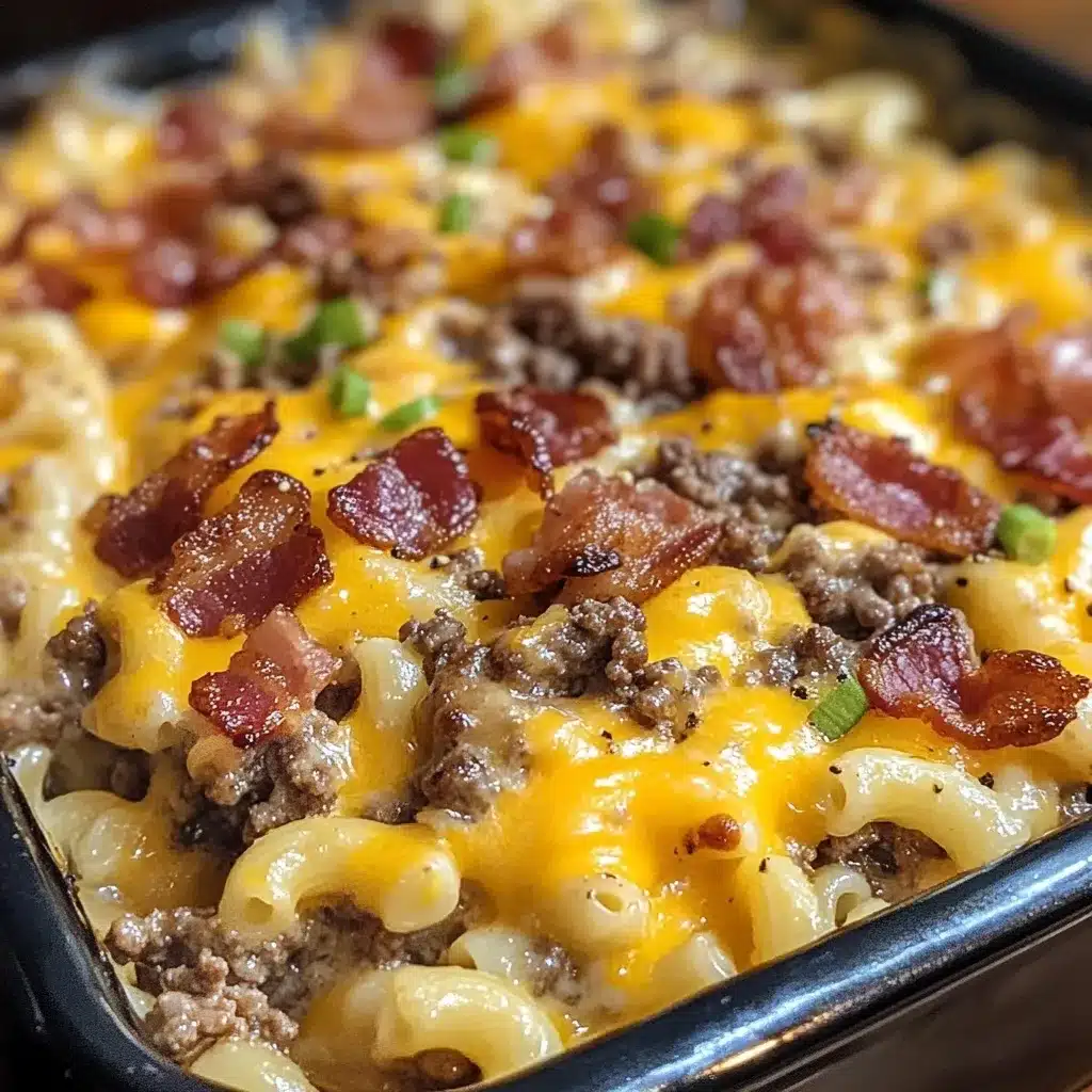 Easy Loaded Bacon Cheeseburger Dinner Casserole showing melted cheese stretching over ground beef and pasta with bacon topping