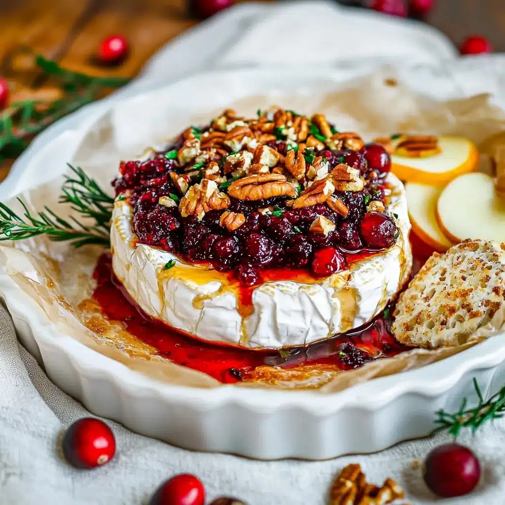 Cranberry Pecan Brie Delight in a white dish with rosemary garnish, pecans, cranberries, and apple slices, highlighting a rich, glossy sauce.