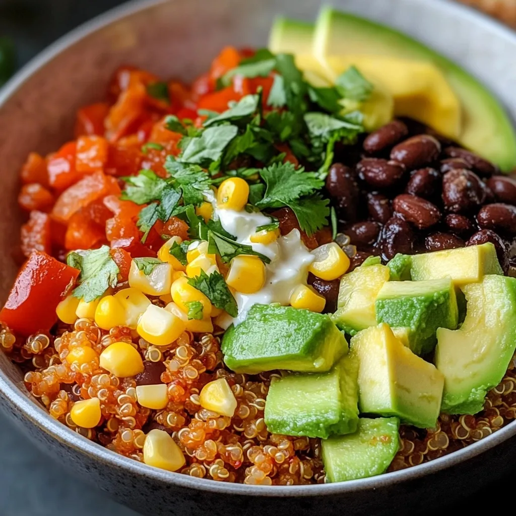 Close-up of a quinoa black bean bowl with diced red peppers, corn, black beans, cubed avocado, fresh cilantro, and sour cream arranged in a circular pattern on a quinoa base.