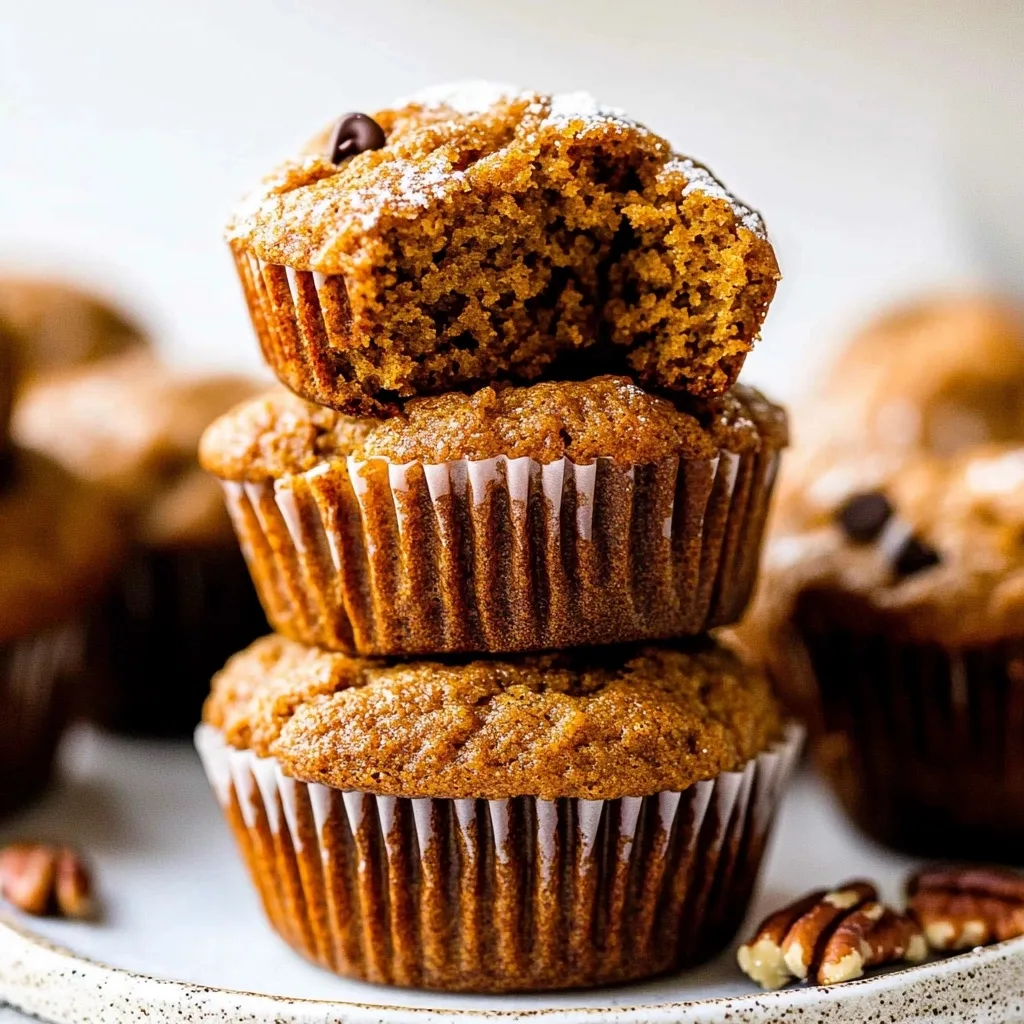 Stack of three pumpkin muffins with the top one showing a bite taken out, revealing the moist interior crumb and chocolate chips