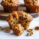 Morning Glory Muffin with a bite taken out, showing moist interior with visible nuts and dried fruits against a wooden serving board