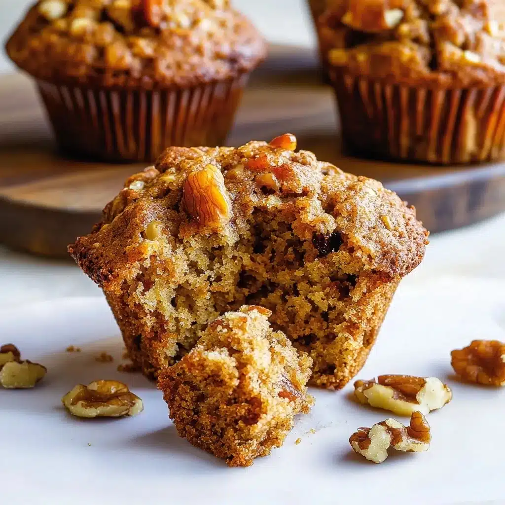 Morning Glory Muffin with a bite taken out, showing moist interior with visible nuts and dried fruits against a wooden serving board