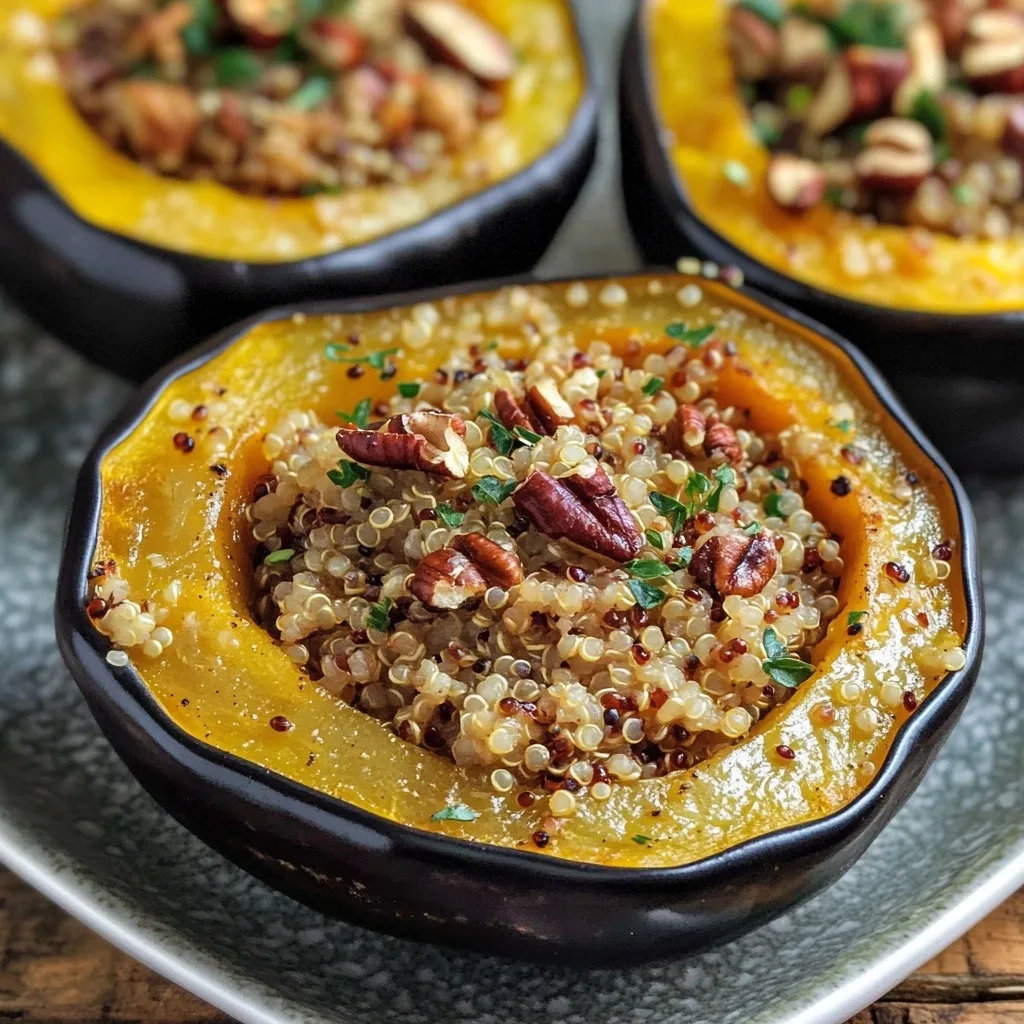 Three stuffed acorn squash halves filled with quinoa and pecans, arranged on a serving plate and garnished with fresh herbs.
