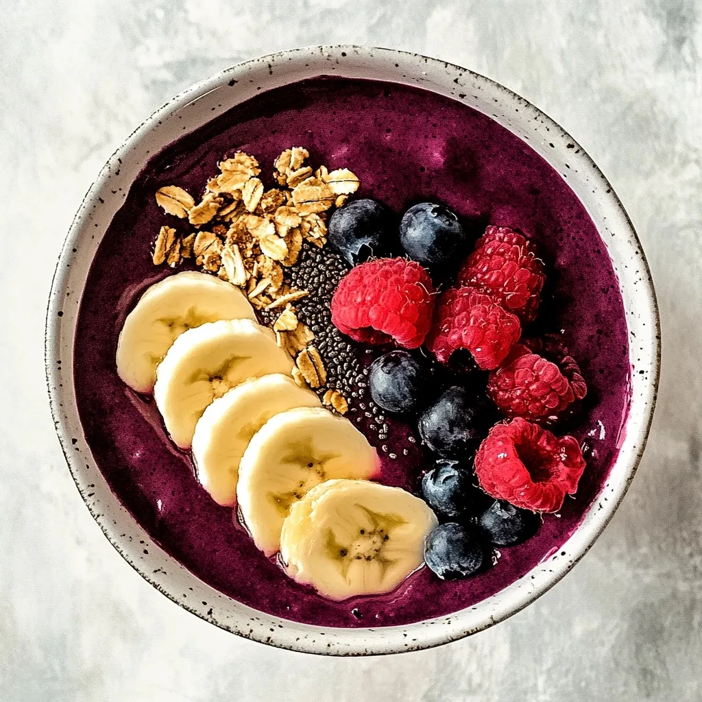 Berry Bliss Smoothie Bowl topped with banana slices, fresh berries, granola, and visible chia seeds.