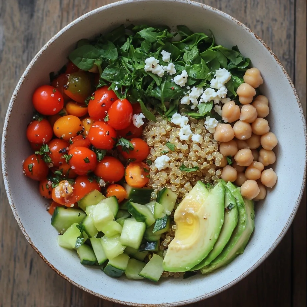 Nutrient-dense quinoa bowl with cherry tomatoes, spinach, avocado, chickpeas and cucumber