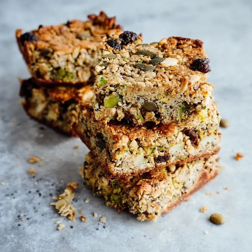 Protein breakfast bars cut into squares showing cross-section with nuts, seeds, and dried fruit