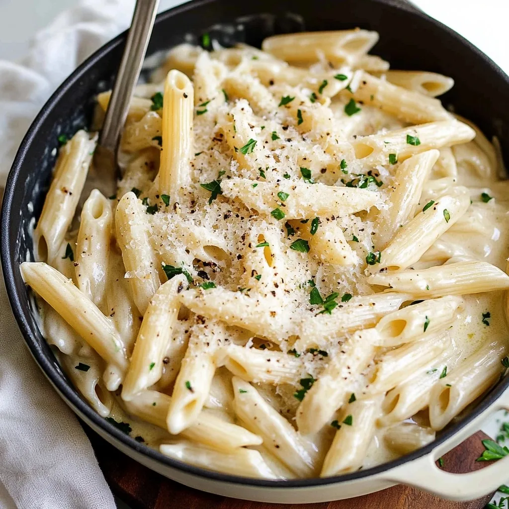 Close-up of creamy garlic penne pasta being stirred in a black skillet with a silver spoon