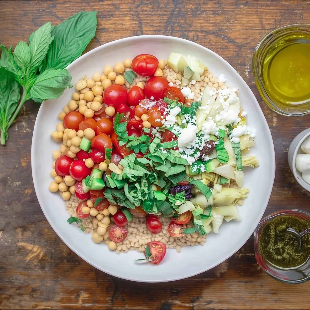 Overhead shot of a bowl of couscous salad topped with chickpeas, cherry tomatoes, cucumber, olives, feta, and fresh herbs, flanked by small jars of olive oil and herb dressing on a wooden table.