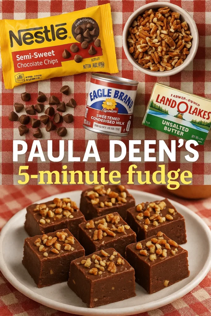 Ingredients for Paula Deen's 5-Minute Fudge including chocolate chips, sweetened condensed milk, butter, and pecans on a red checkered tablecloth with finished fudge squares below.
