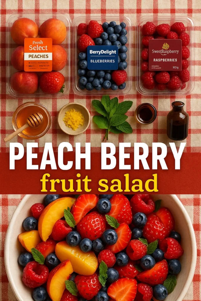 Peach Berry Fruit Salad ingredients displayed on a red checkered tablecloth with containers of fresh fruit, honey, lemon zest, and vanilla.
