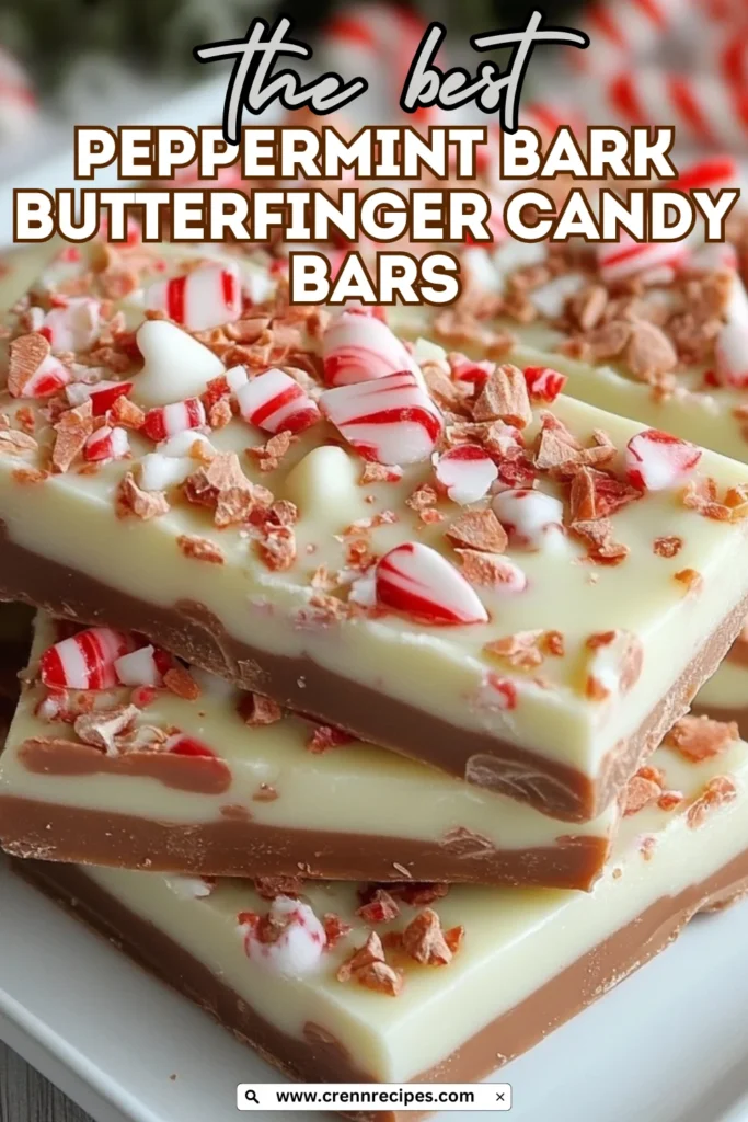 Promotional image of stacked peppermint bark squares with text overlay reading 'the best PEPPERMINT BARK BUTTERFINGER CANDY BARS' and website URL