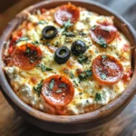 A wooden bowl filled with a Cottage Cheese Pizza Bowl topped with pepperoni slices, black olives, melted cheese, and fresh herbs.