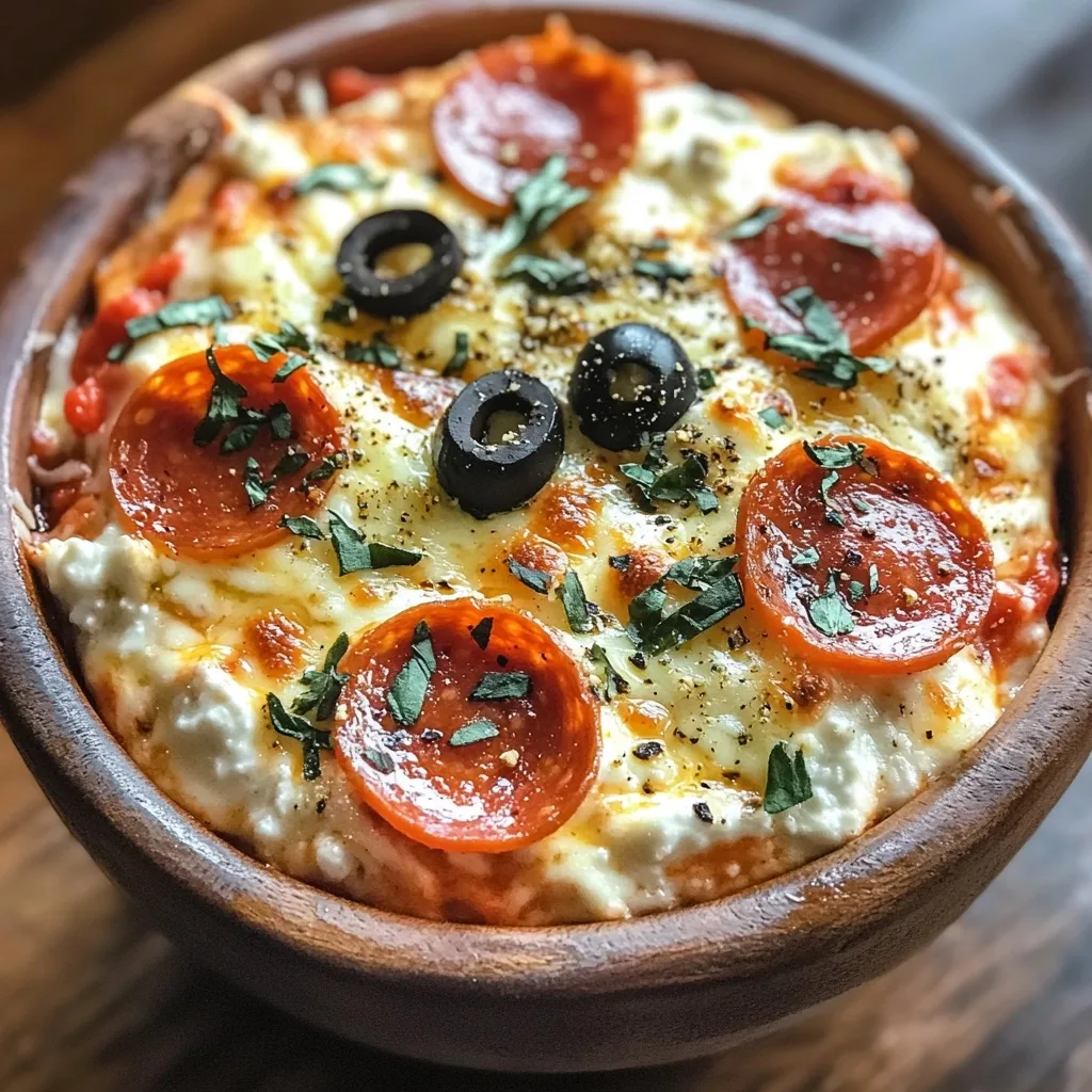 A wooden bowl filled with a Cottage Cheese Pizza Bowl topped with pepperoni slices, black olives, melted cheese, and fresh herbs.