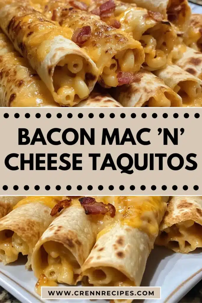 Final presentation of Bacon Mac 'n' Cheese Taquitos recipe with website branding and professional food styling