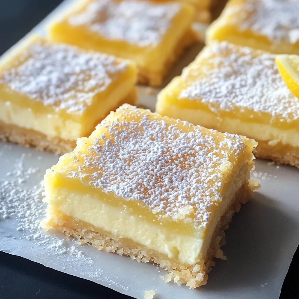 Stack of cream cheese lemon bars dusted with powdered sugar on parchment paper, showing the creamy yellow filling and buttery shortbread crust