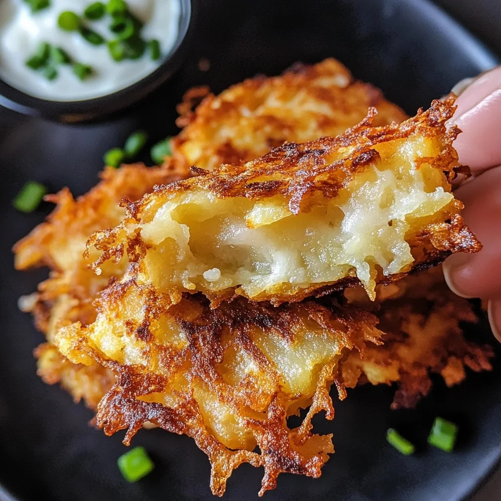 Close-up of a halved potato latke showing its fluffy interior and crispy crust