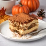 Slice of pumpkin spice tiramisu on white plate with fork showing creamy layers and cocoa dusting with fall pumpkins in background