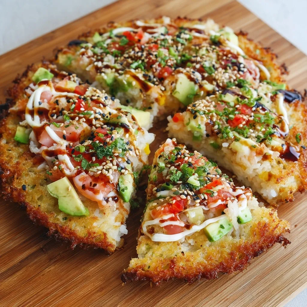 Sushi pizza crust recipe result showing golden crispy base topped with salmon, avocado and traditional Japanese sauces
