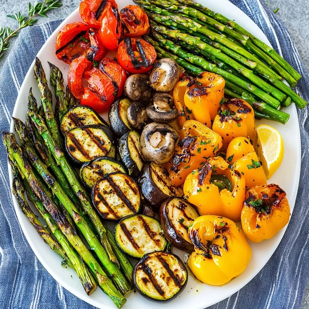 Beautifully arranged grilled vegetables on a white plate including mushrooms, asparagus, bell peppers, zucchini, and yellow squash with perfect grill marks.