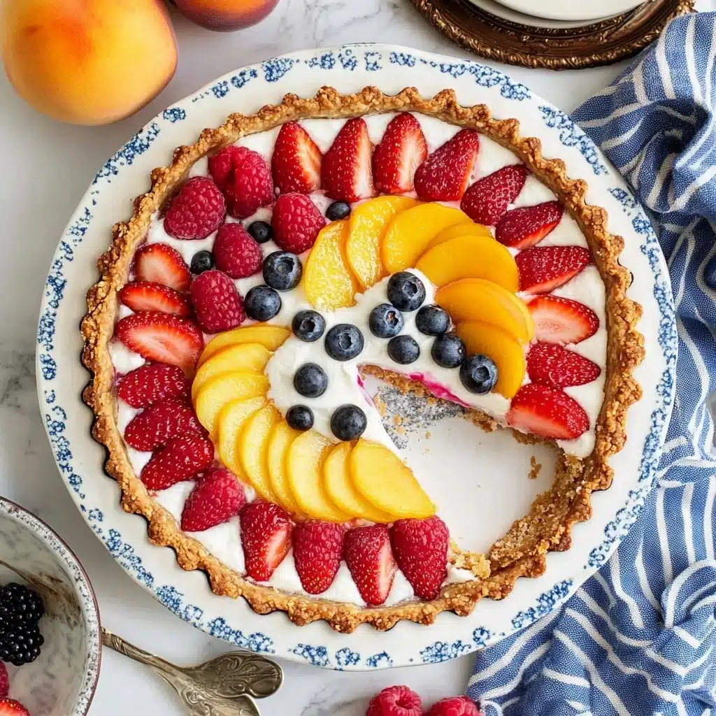 Summer Fruit Tart with carefully arranged red berries, yellow peach slices, and blueberries on a cream filling, set against a marble countertop with blue striped napkin.