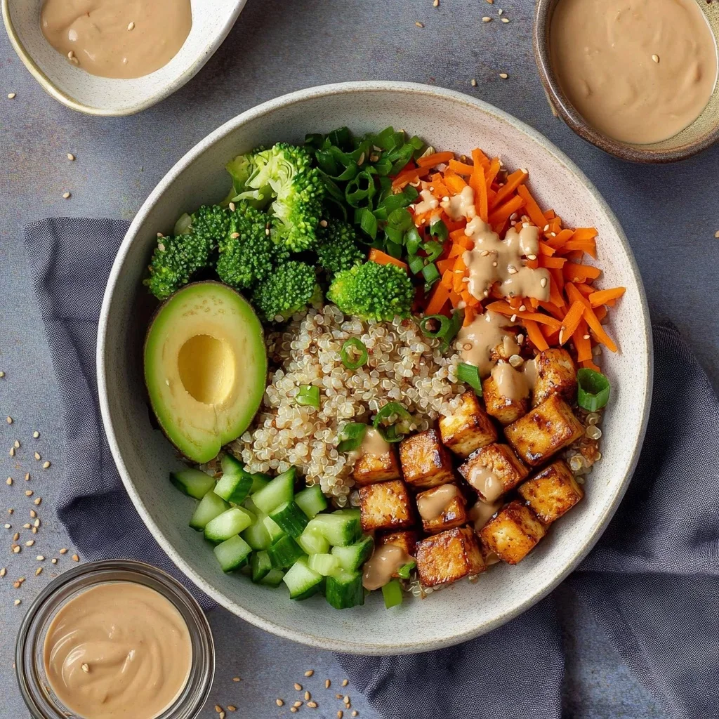 Tofu Buddha Bowl with crispy tofu, quinoa, avocado, cucumber, broccoli, carrots, and tahini sauce in a ceramic bowl.
