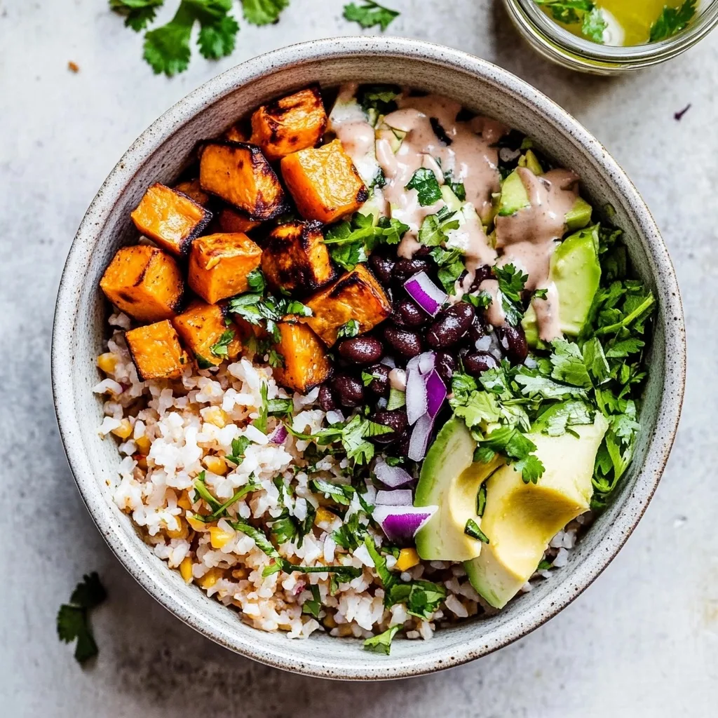 Overhead view of a Sweet Potato Rice Bowl with roasted sweet potatoes, black beans, rice, avocado, red onion, cilantro, and a creamy sauce in a white ceramic bowl.