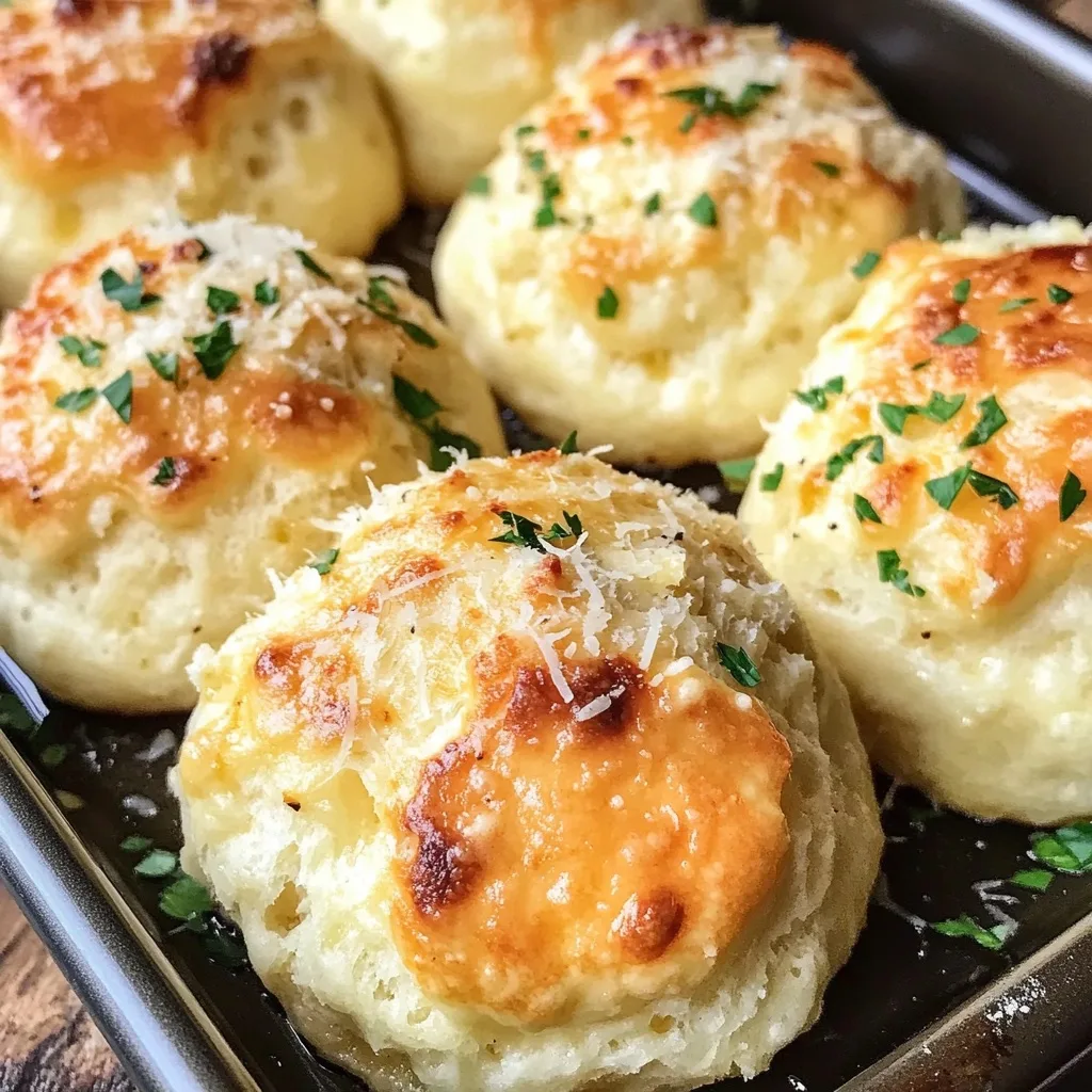 Close-up view of buttery garlic cheese bombs in a baking pan with one bomb pulled apart showing melted cheese interior