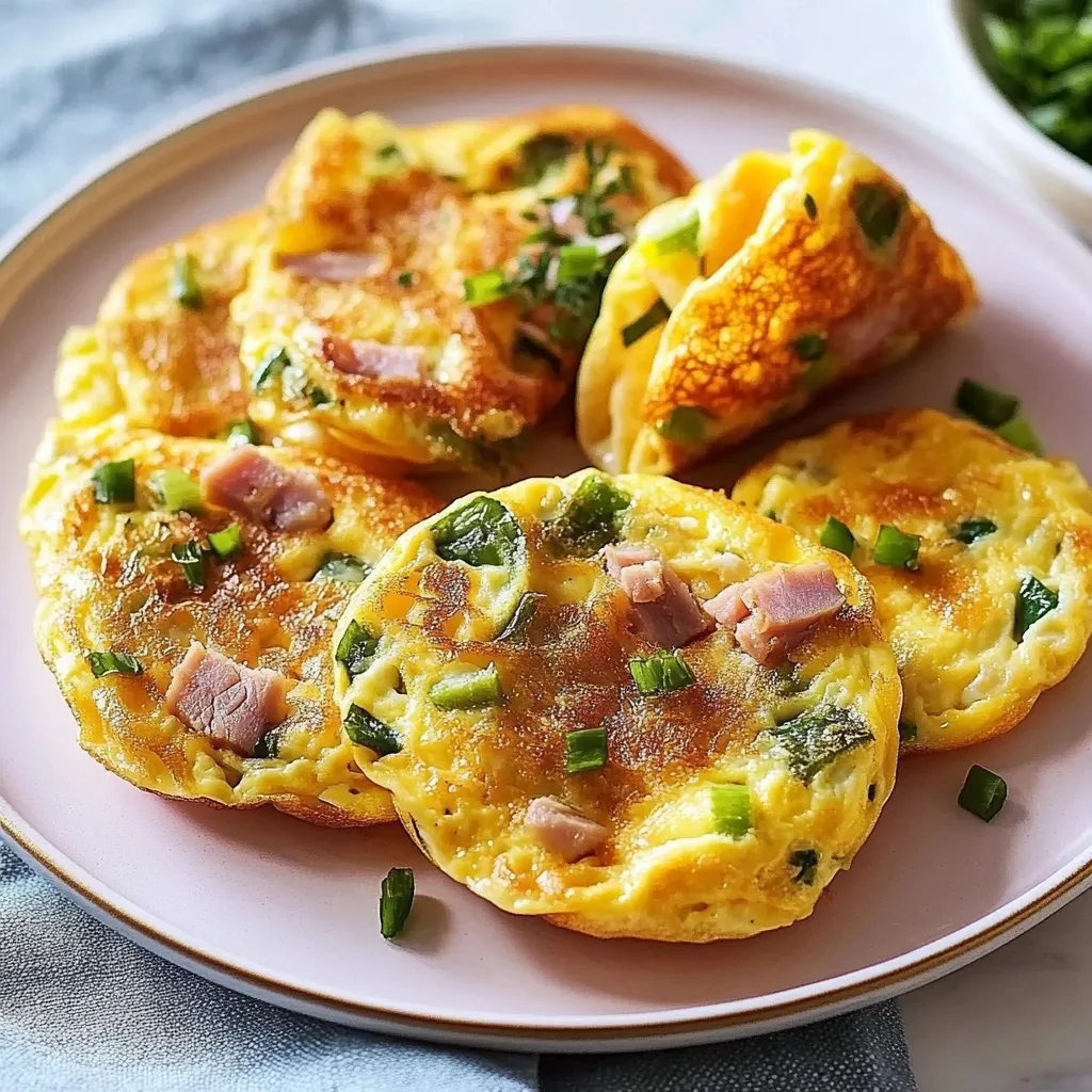 Homemade mini breakfast omelets with visible chunks of ham, green peppers, and cheese on a cream-colored plate.