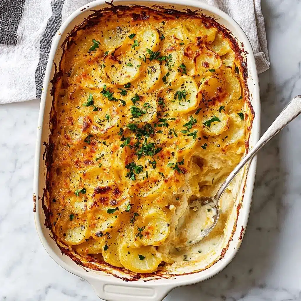 Oval dish of scalloped potatoes with golden cheese top, fresh herbs, and a silver serving spoon showing the creamy interior.
