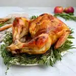 Classic roast turkey with herb-seasoned golden skin surrounded by fresh rosemary, thyme and sage on marble surface with apples