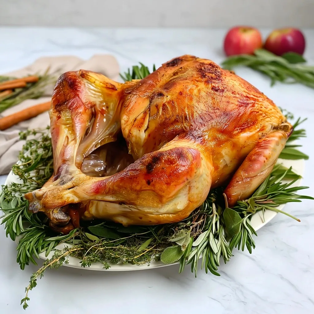 Classic roast turkey with herb-seasoned golden skin surrounded by fresh rosemary, thyme and sage on marble surface with apples