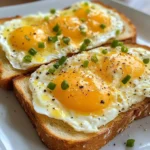 Two slices of golden toast topped with sunny-side up eggs, seasoned with black pepper and garnished with fresh green chives.
