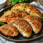 Close-up of four air-fried chicken breasts with golden-brown panko coating on a black plate, garnished with chopped parsley, showing the crispy texture.