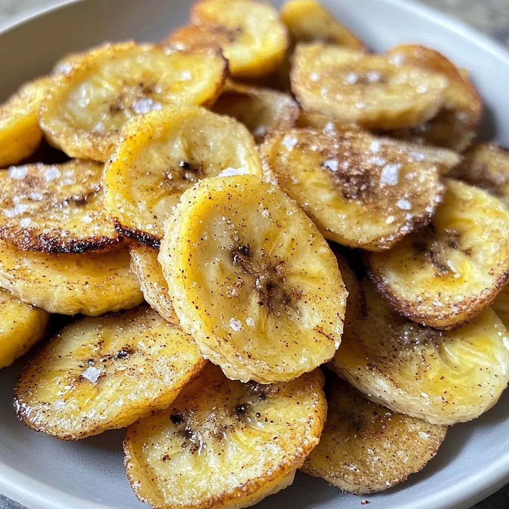 Overhead view of crispy air fryer banana chips with cinnamon and salt flakes in a shallow white bowl