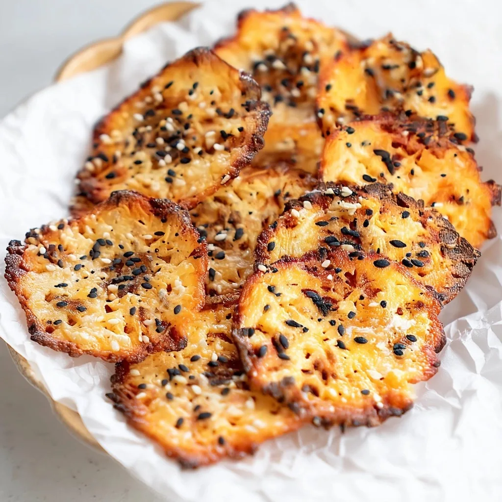 Cottage cheese chips cooling on parchment paper in baking dish with sesame seed topping