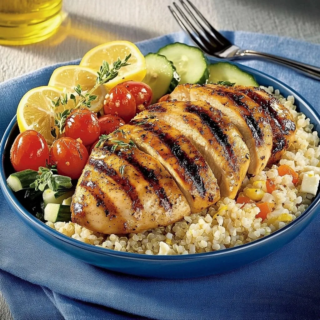 Grilled lemon-herb chicken sliced and served over quinoa with cherry tomatoes, cucumber slices, fresh thyme and lemon wedges in a blue bowl.