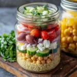 Mason jar filled with layers of quinoa, chickpeas, cucumber, feta cheese, kalamata olives, cherry tomatoes and fresh herbs in a Mediterranean-style salad arrangement.