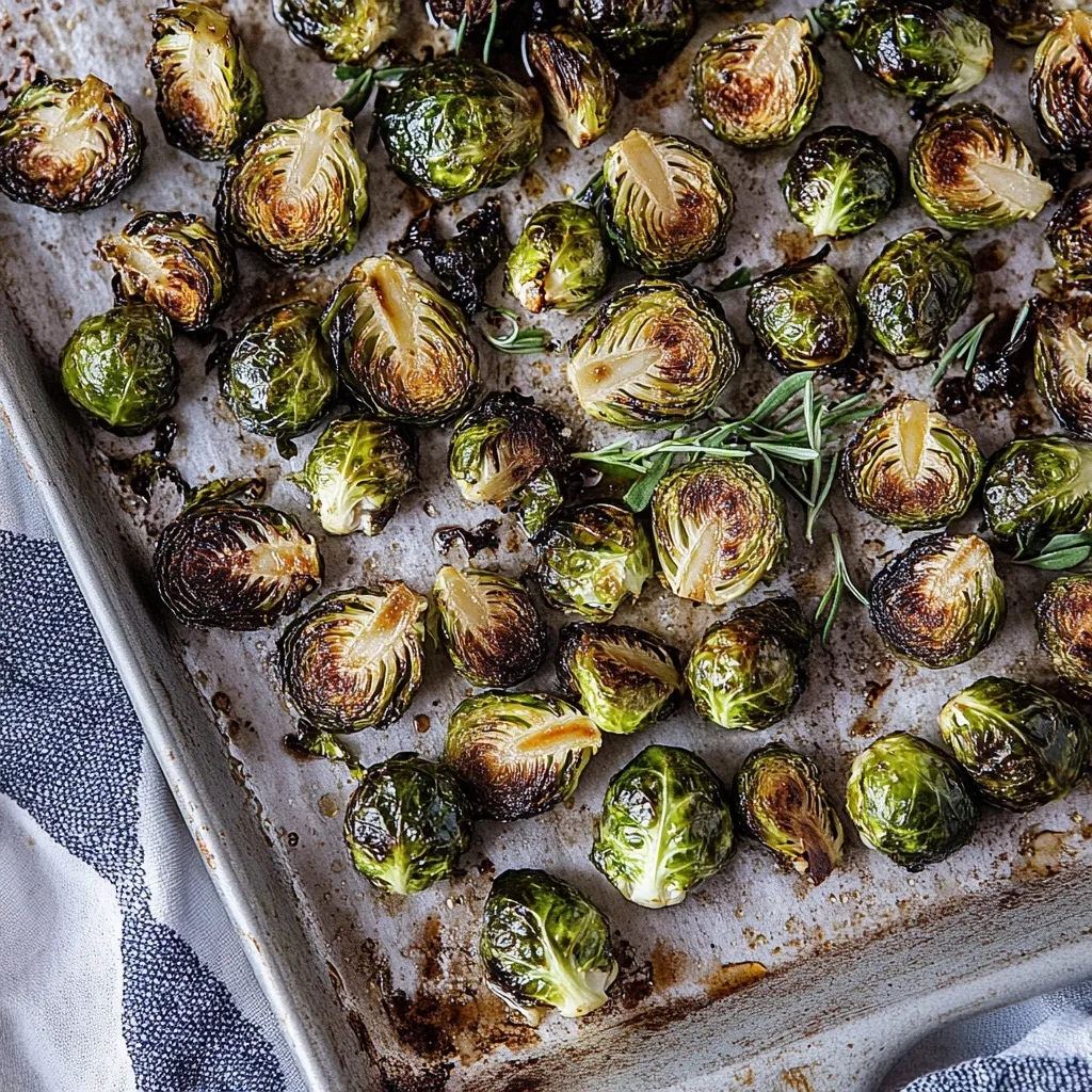 Perfectly roasted Brussels sprouts with caramelized edges on a baking sheet with parchment paper