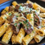 Close-up shot of garlic butter steak parmesan rigatoni showing the rich, creamy sauce coating each pasta tube and tender steak pieces.